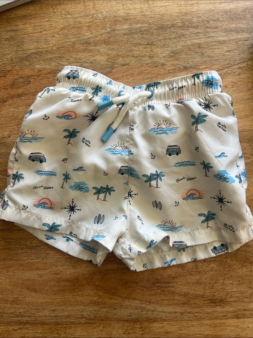 Zara White Kids Swim Trunks with Blue & Green Surf Print